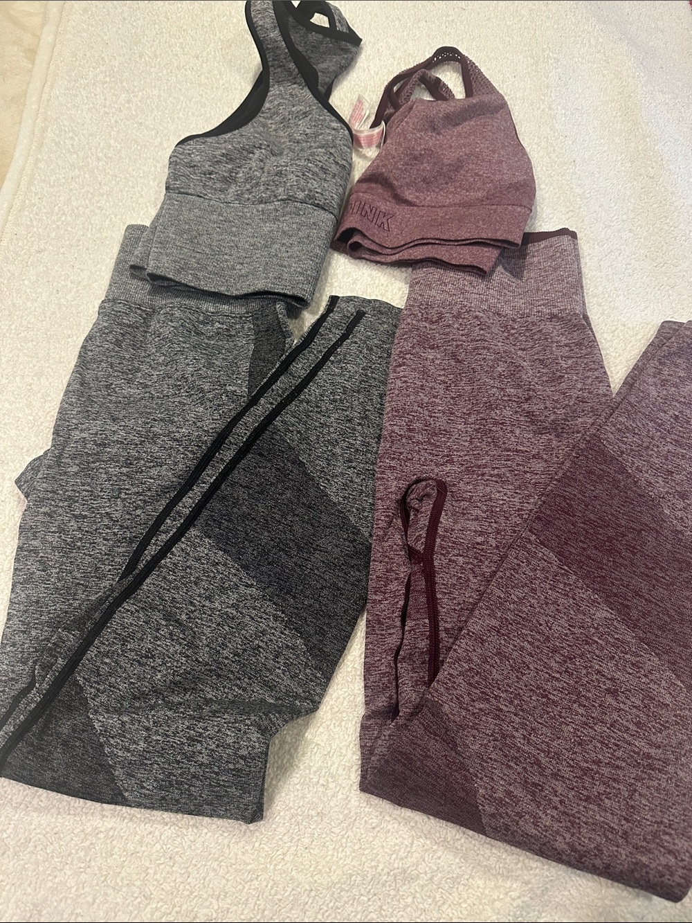 Pink- (2) Seamless Heathered Sports Bra & Legging Sets - Gray and Mauve